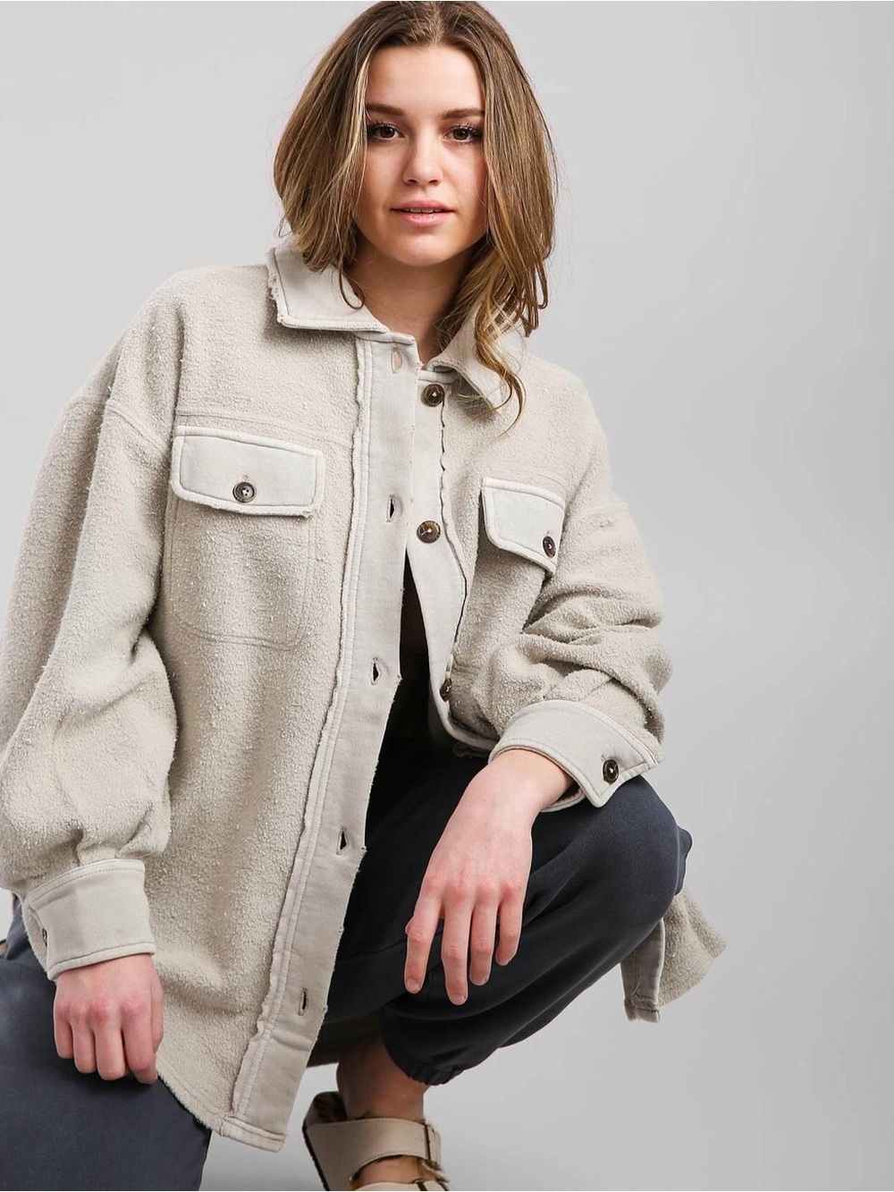 Free People Cream Sherpa Shacket